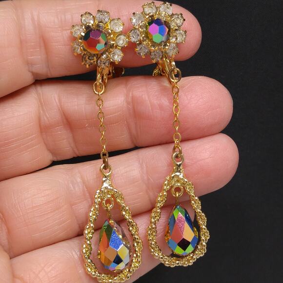 Vintage Czech Peacock Bead Dangle Earrings Floral Rhinestone Gold Tone 1960s - Picture 2 of 10